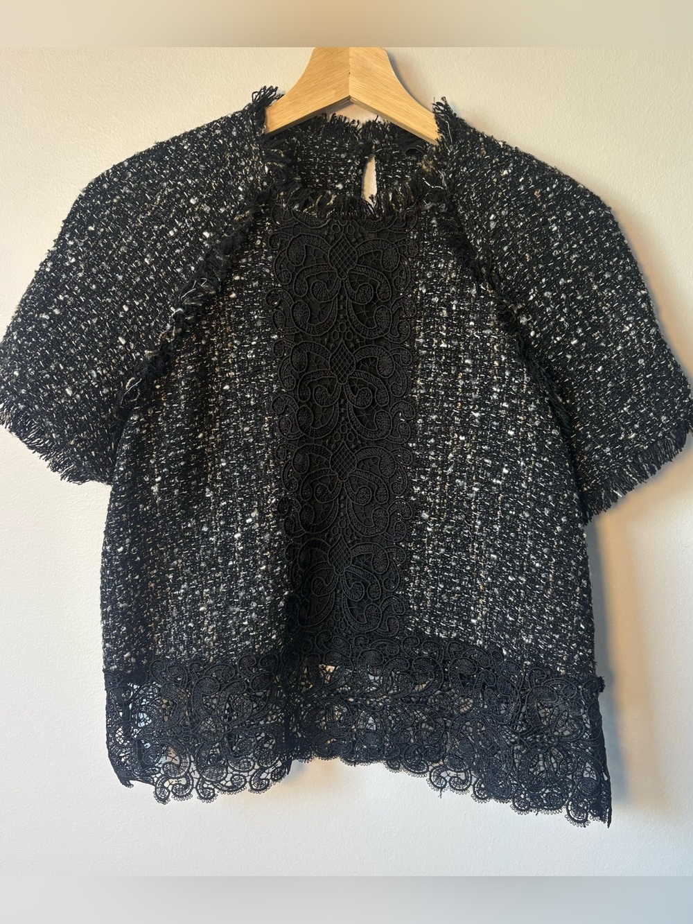 ZARA Black and white Tweed Boucle Lace Inset Short Sleeve Top size small